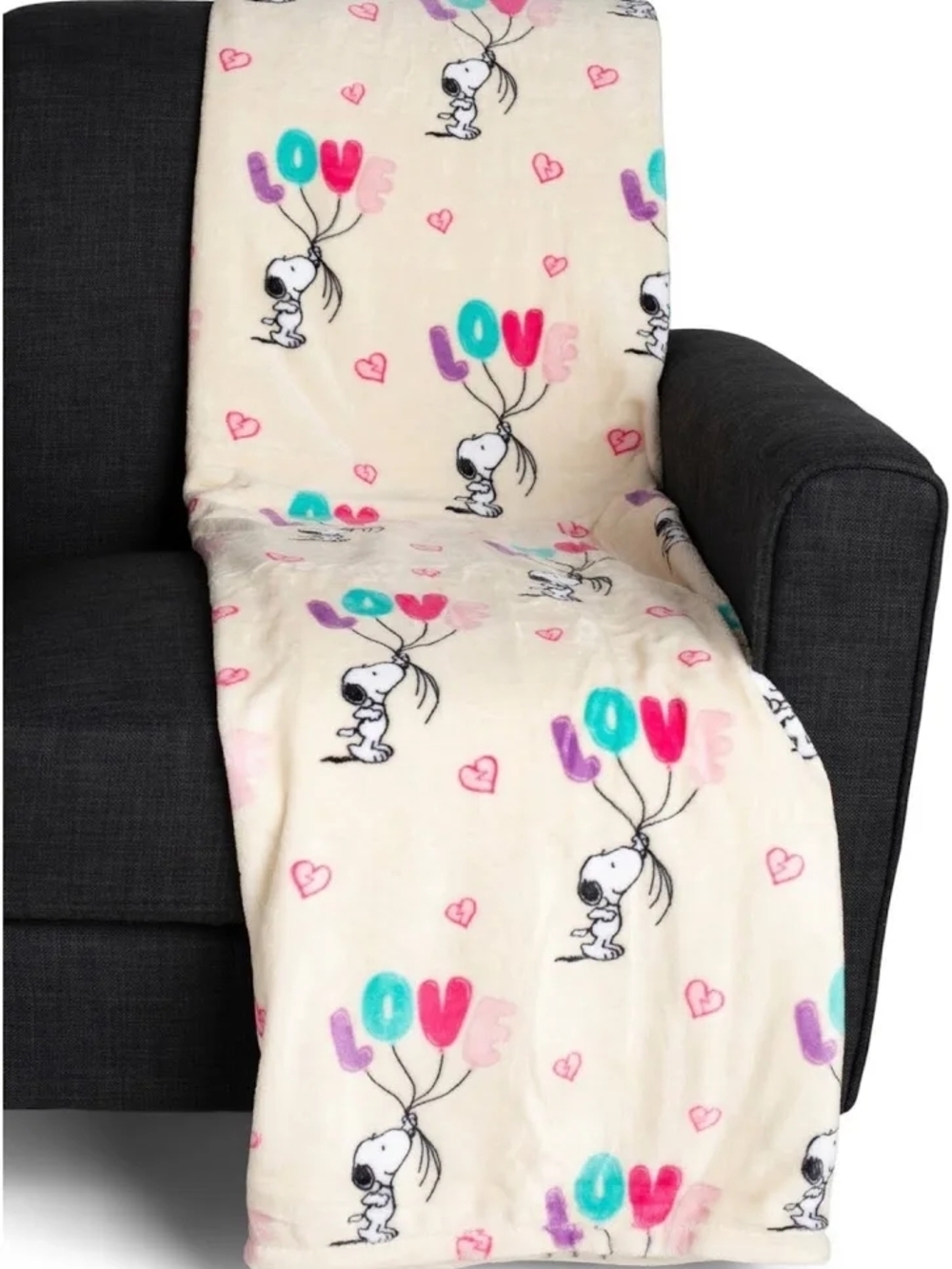 Snoopy 'LOVE' Balloon Plush Throw - Cream with Pink, Teal & Purple